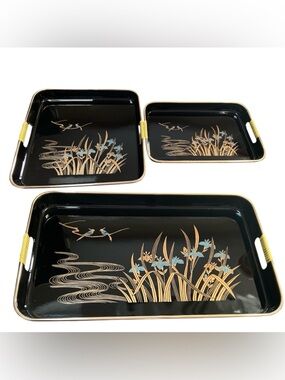 Vintage Toyo Japanese Lacquer Tray Set 3pc Black Gold Birds Floral Nesting